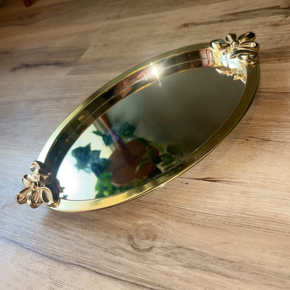 CI Gold Oval Mirrored Vanity Tray Bow Floral Accents Vintage Style 13.5in